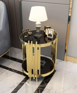 Luxury Modern design stanieless steel glass top round side table polished gold end table