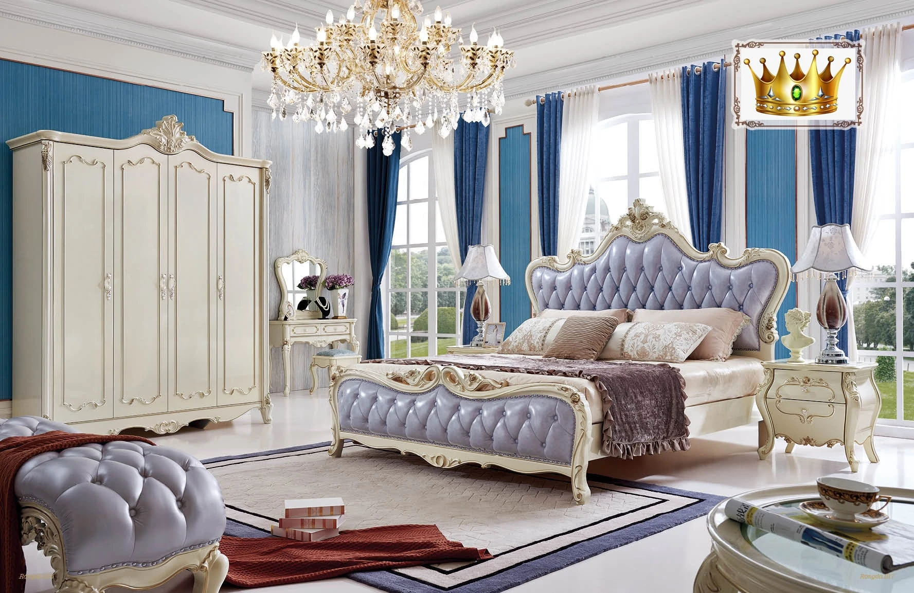 luxury white royal Bedroom Furniture french Antique Queen king size bedroom set
