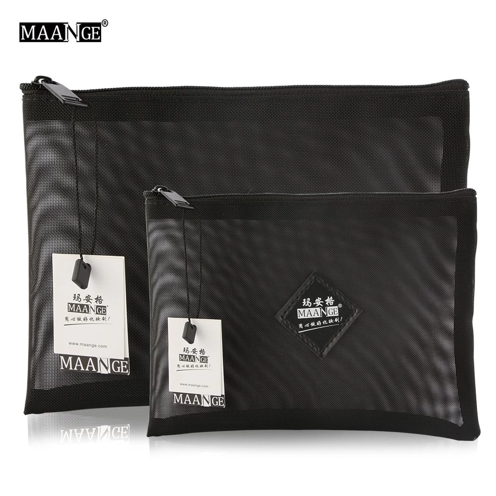 MAANGE Custom logo Makeup Brush Washing Tolitery Organizer Holder Storage Bags Portable Zipper Mesh Black Cosmetic Bag