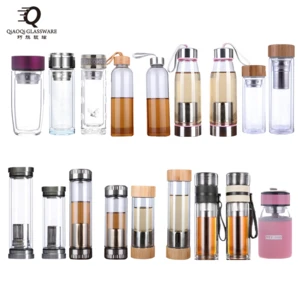 Modern Round Clear Custom Logo Double Wall Borosilicate Glass Drinking Infuser Water Bottle With Bamboo Lid