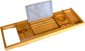 Natural Bamboo Bathtub Caddy with Extending Sides Expandable Shower Bath Tub Tray Rack With Waterproof Cloth