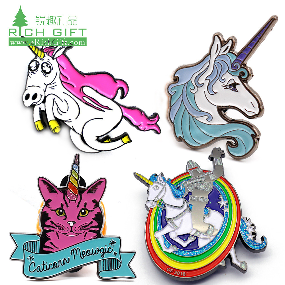 New design custom metal enamel cartoon rainbow unicorn pins and badges no moq