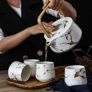 New Luxurious DIY203171 Nordic Style Matte Black White Glode Ceramic Coffee Tea Sets Glaze Kettle with Cups and Acacia Wood Tray