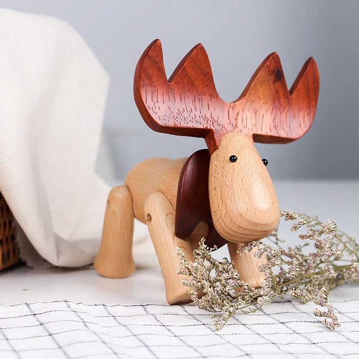 Original design nordic style Christmas gift solid wood animal wooden figurine lovely deer desk ornament , Wooden Arts