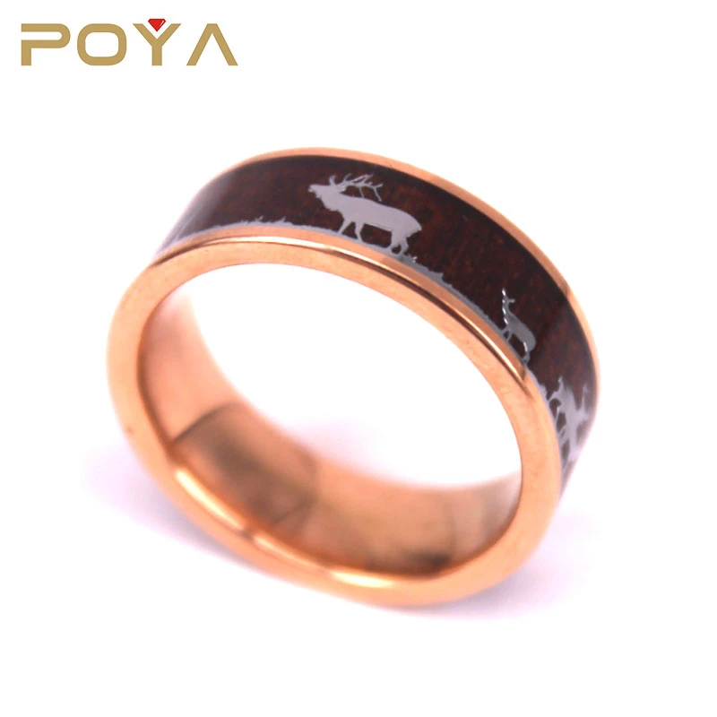 POYA Jewelry Mens 8mm Hunting Wedding Band Wild Deer Family Rose Wood Inlay Tungsten Carbide Ring