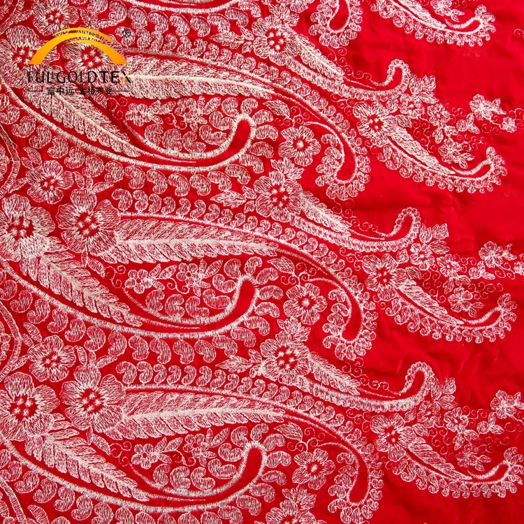 Professional textile korean red 100% polyester woven India women dress velvet embroidery lace fabric