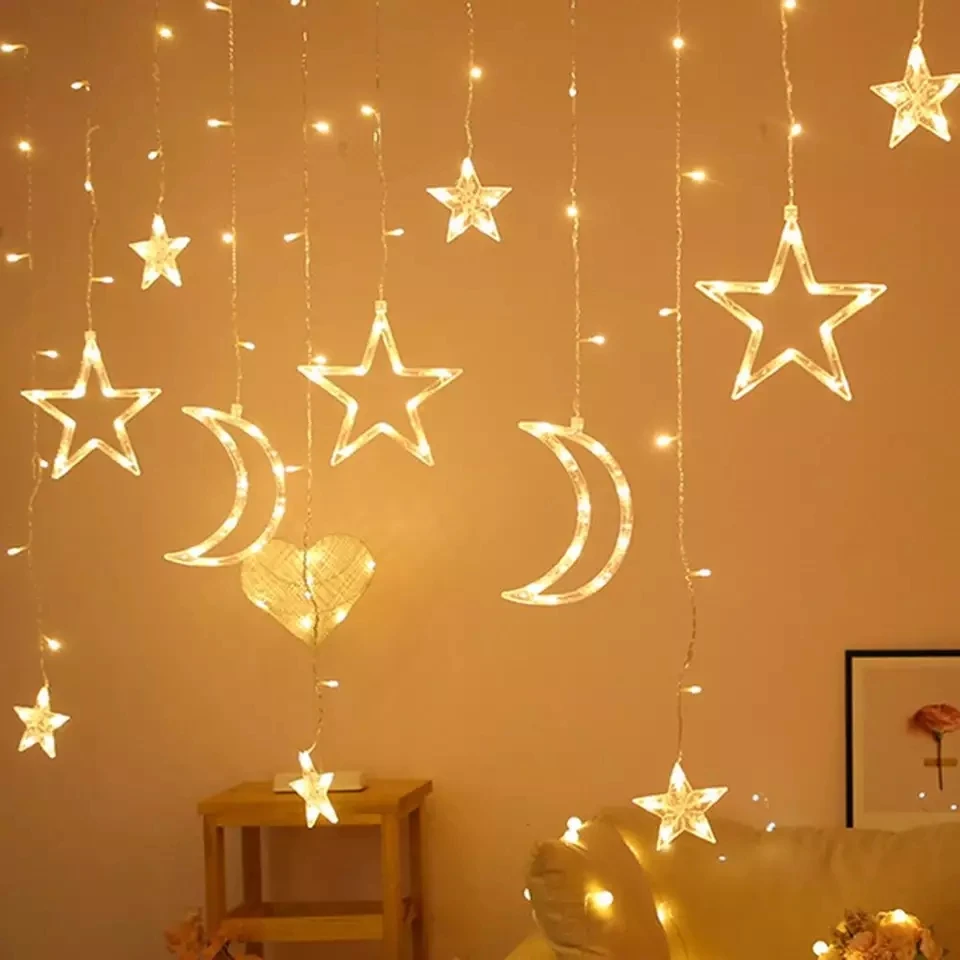 Ramadan light Christmas Festival Decoration Light EU Plug Shape Xmas Moon Stars Home Party Decoration LED Curtain Lamp String