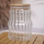 Ribbed Glasses Clear  Mug  Cappuccino Coffee Glass Cups With Bamboo Lid And Straw