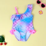 RTS scale rainbow print toddler girls swim suit figure of fish scale swimming baby girl swim suits with unilateral flutter strap