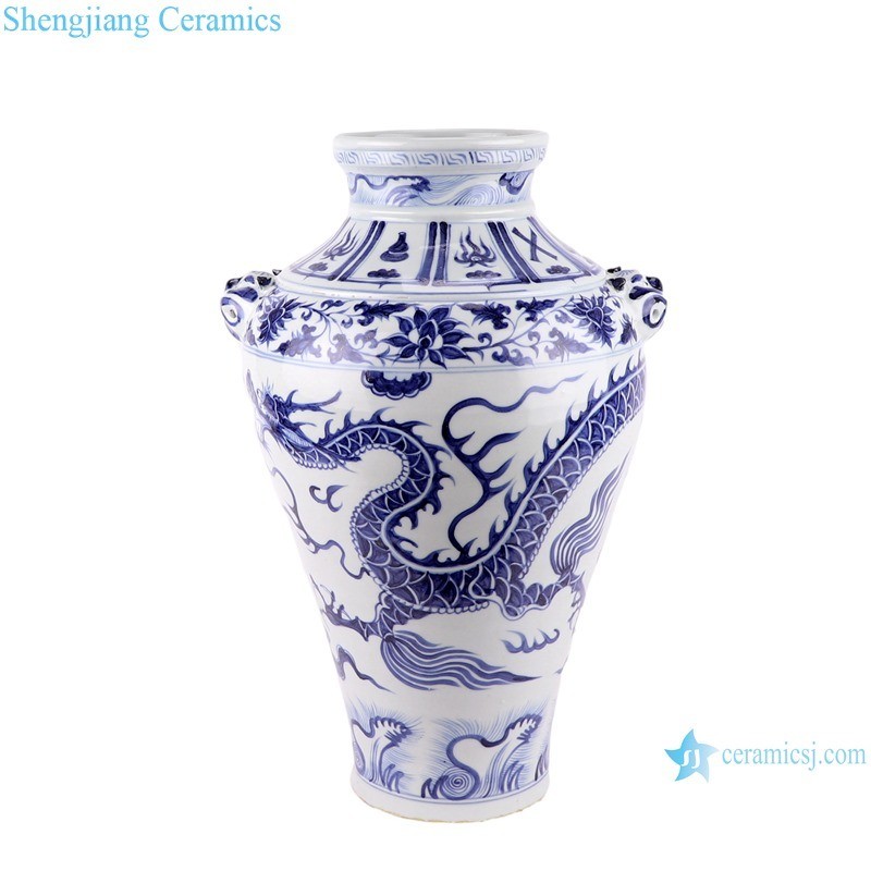 Rzkr38 Chinese Antique Yuan Dynasty Blue and White Dragon Pattern Ceramic Vase
