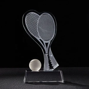 Sand Blast Classical Crystal Trophy Tennis With Ball For Sport Hot Sell Customized Souvenir