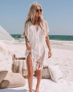 Sexy Mesh Crochet Tassel Hem Trim Bikini Dress Beach Cover Up Hollow Out