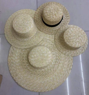 SH-0070  Wide Brim Wheat Straw Women Boater Sun Hat Flat Top Panama Lady Summer Flat Prok Pie Beach Hat 13 cm brim