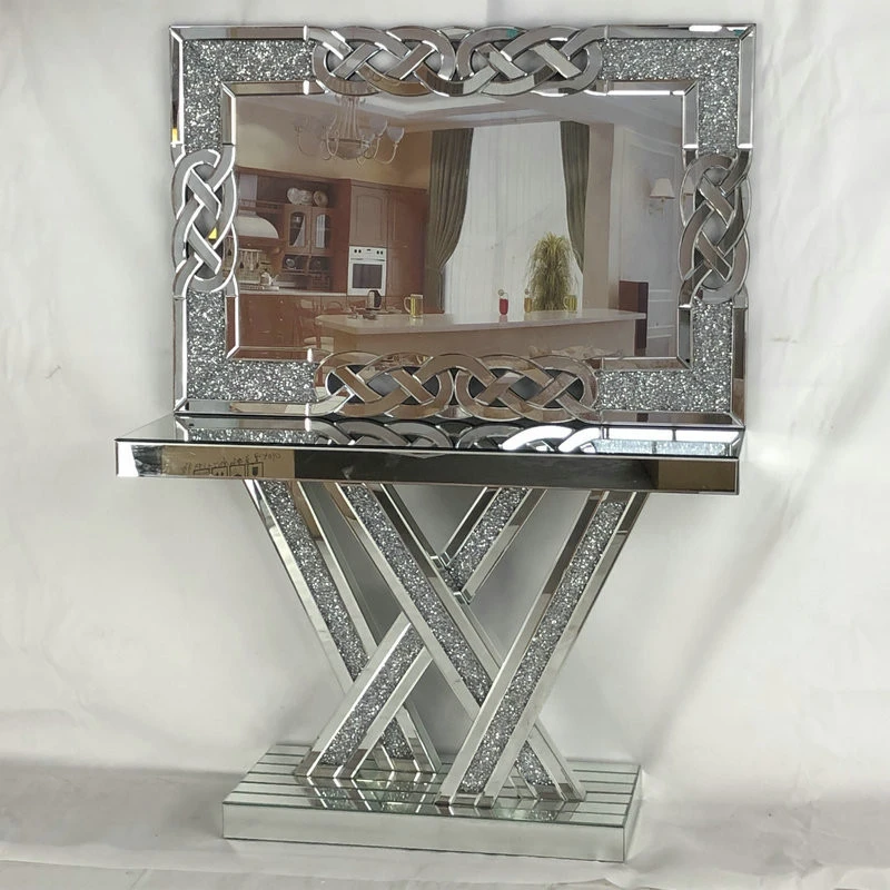 Silver Glass W Shape Console Table Living Room Entryway Table and Mirror Set for Villa Hotel
