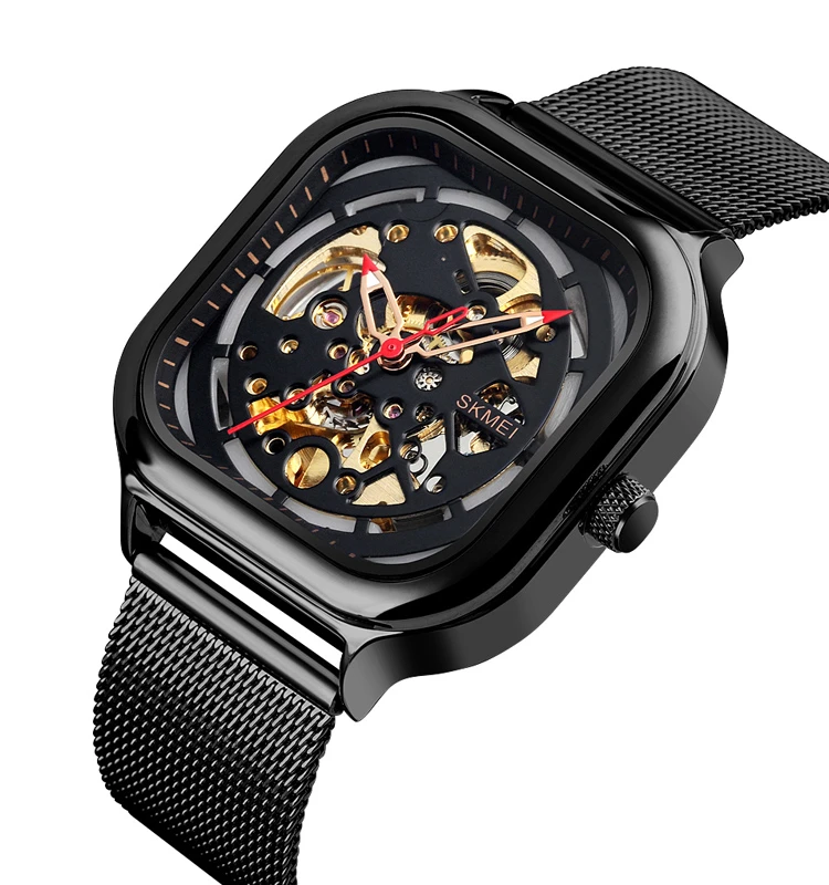 Skmei 9184 mechanical square transparent movement luxury waterproof automatic wrist watch mens