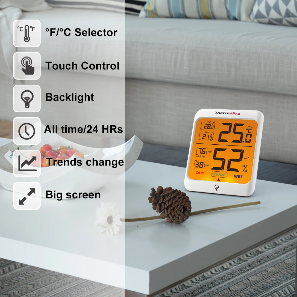 ThermoPro TP53 Digital Weather Thermometer Hygrometer Temperature and Humidity Sensor with Backlit LCD Display