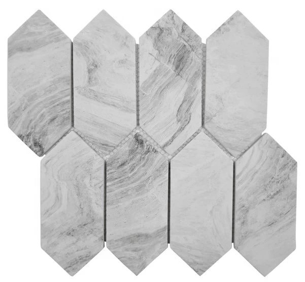 Top quality Elongated Hexagon ink-jet marble look enamel big picket recycled glass mosaic for kitchen wall