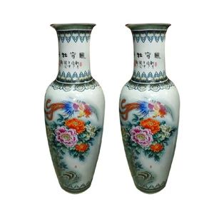 Traditional style phoenix and peony figure ceramic big vase home decor