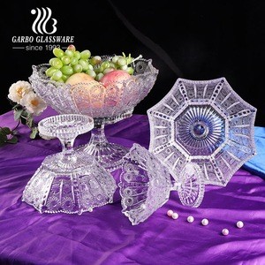 Turkey market hot sale Bohemia style sunflower glassware small medium large sizes glass fruit serving dish plate with glued foot