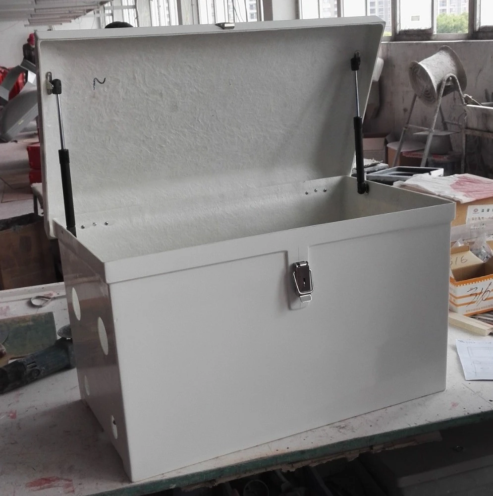 UV stable high intensity fiberglass dock box, hand lay process, gel coat finish