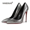 VIKEDUO Hand Made American Style 12 cm Silver Pumps Red Bottom Sole Super Sexy Shoes Very Heels Women Shoes 2018
