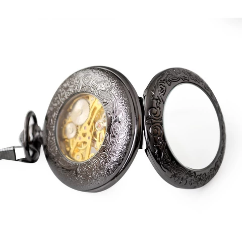 Wholesale Antique Skeleton Black mechanical watches Hand Winding Retro Roman pocket watch