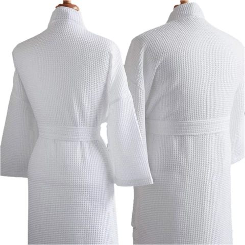 Wholesale Custom 5 Star Hotel Logo White Bath Robe Quick Dry Breathable 100% Cotton Kimono Waffle Spa Bathrobe