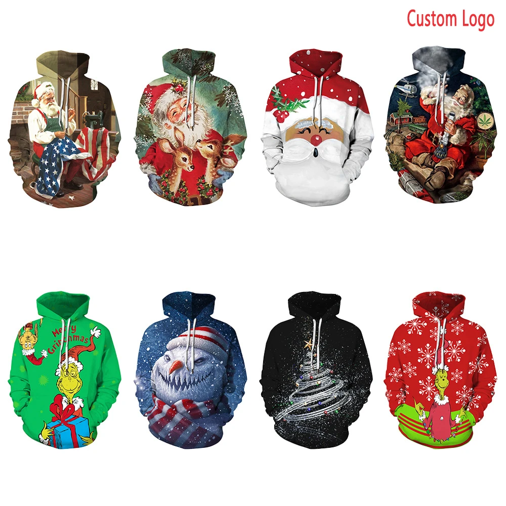 Wholesale custom logo 3d anime Santa Claus pullovers Autumn winter digital printing Christmas oversized hoodie