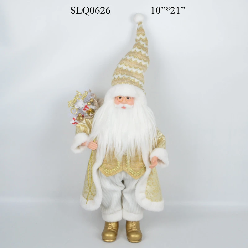Wholesale delicate Xmas plush and plastic doll, standing Christmas  Santa Claus figurine with mistletoe bag