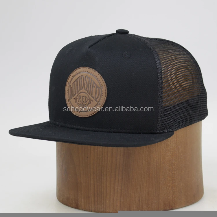 Wholesale design your logo flat bill cotton embossed leather patch trucker hat