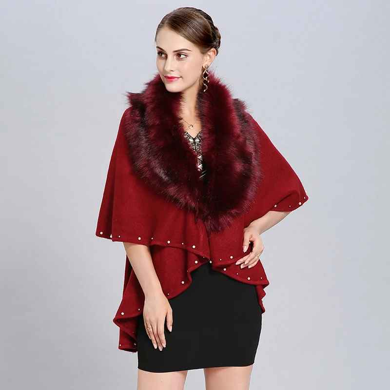 Wholesale women 12GG knit winter wool blended capes shawls with faux fur big collar