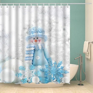 Winter Snowman Print Fabric Waterproof Bath Shower Curtain
