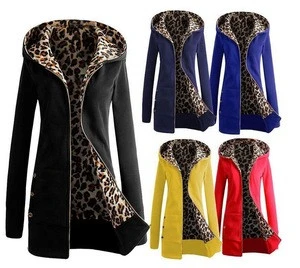 Women Plus Size Zip Leopard Coat Plus Velvet Fashion Trench Coat