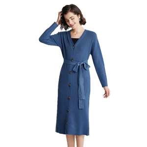 Women Tie Up Elegant Outer Coats Heavy Knit Korean Ladies Winter Long Ribbed Jacket Blue Duster Cardigan