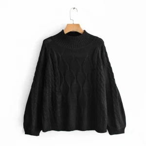 Womens Casual Loose Long Sleeve Mock Turtleneck Cable Knit Pullover Sweater Tops