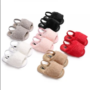 Z483 Baby girl sandals with fur Children Fur Slippers furry shoes with Elastic Back Strap toddler  Flats Home Shoes