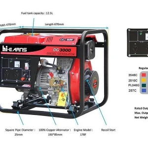 Hiearns: 3 kW generator, recoil start system.