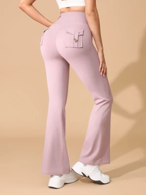 Women High Waist Flare Yoga Pants with Back Button Cargo Pockets Soft Stretch Workout Casual Sports Trousers