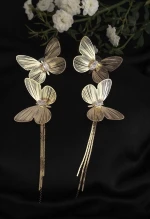 Gold Plated Butterfly Floral Drop Earrings with Tassel Chain for Women