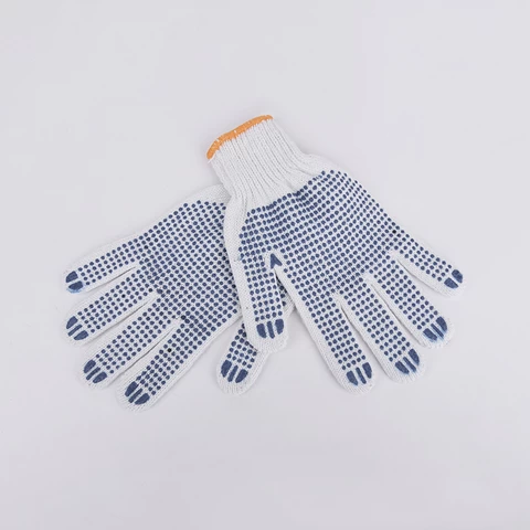 10 Gauge Bleached White Cotton Knitted Building Area Gloves With Blue PVC Dots