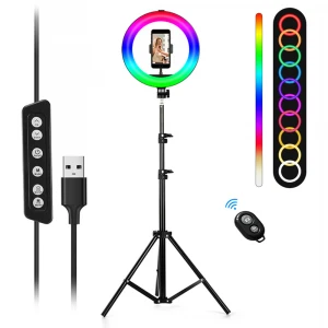 10.2" RGB Selfie Ring Light with 70 Stand, MACTREM 14 Colors RGB LED Ring Light with 2 Tripod Stands & Phone Holders