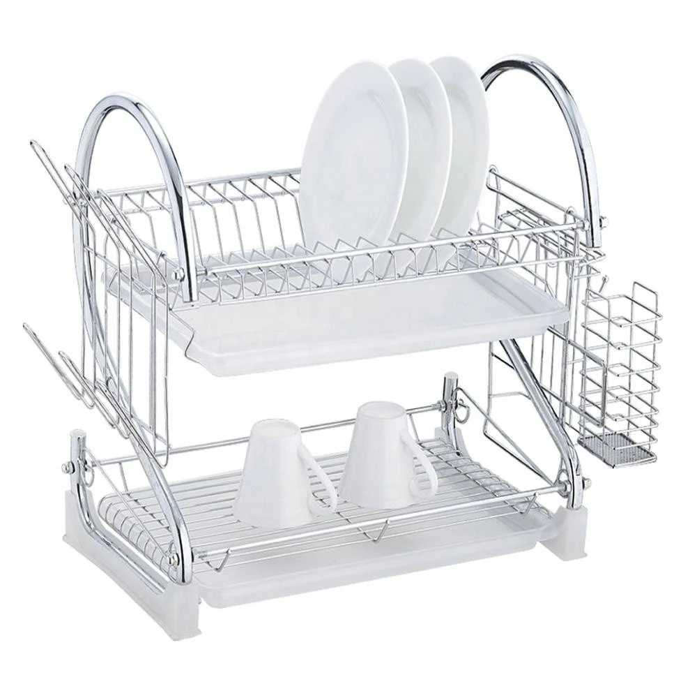 2 Tier stainless steel  kitchen dish racks metal dish drying racks table storage dish rack(AWK104)