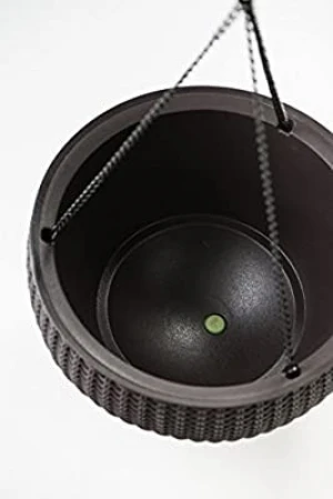 2020 new product resin planter black round hanging basket flower pot resin plant pot with metal rope