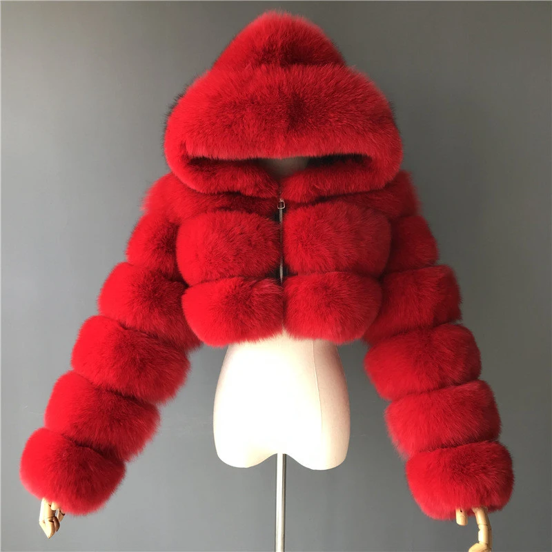 2021  Ladys Trendy Short Cropped Hooded Faux Fur Jacket Fox Fur  Women Casual Solid Color Ladies Clothes Sweater Coat
