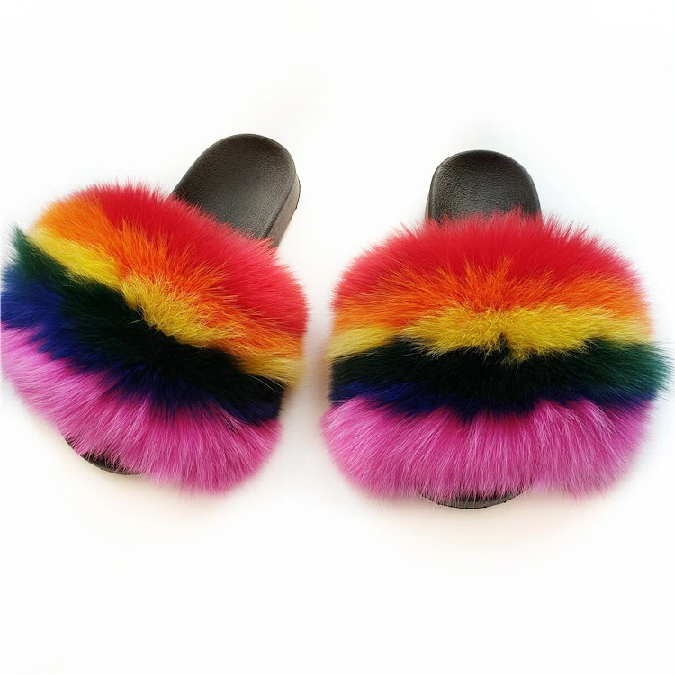 2021 New Real Fox/Raccoon Fur Slippers Women Fashion Style Slides Summer outdoor Flip Flops Flat Fur Sandals