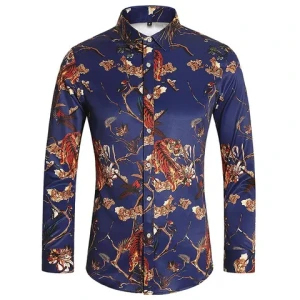 2024 New Style Mens Shirt Elastic Digital Printing Casual Plus Size Long Sleeved Floral Shirt Slim Fit Shirt For Men