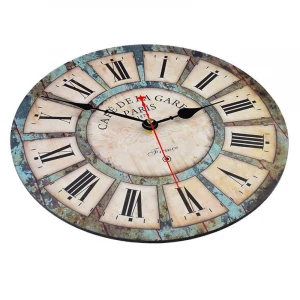 34cm Vintage Wall Art Painting Needle Display Silent Quartz Distressed Wooden Clock