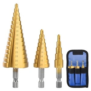 3pc Hss step drill bit set cone hole cutter Taper metric 4 - 12 3-12 4-20mm 1 / 4 &quot;titanium coated metal hex core drill bits