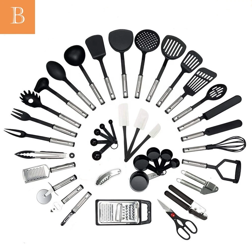 40 PCS Premium Cooking Utensil Stainless Steel And Nylon Kitchen Gadgets Tools Set with Bottle Opener Food Tong Slicer Peeler