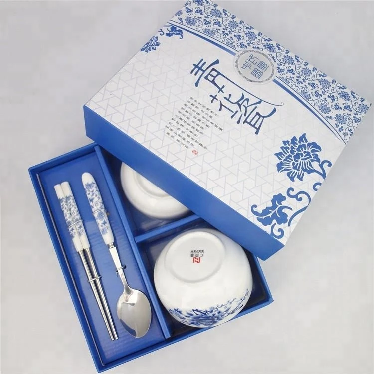 4pcs ceramic handle stainless steel cutlery gift set with 2 bowls, chopstick and spoon